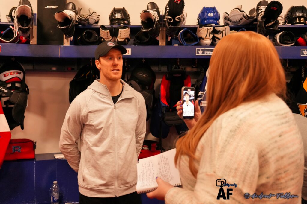 AHL News Now Founder, Deana Weinheimer, interviews Charlotte Checkers forward Riley Nash at the 2023 All Star Classic in Laval, Quebec, Canada.