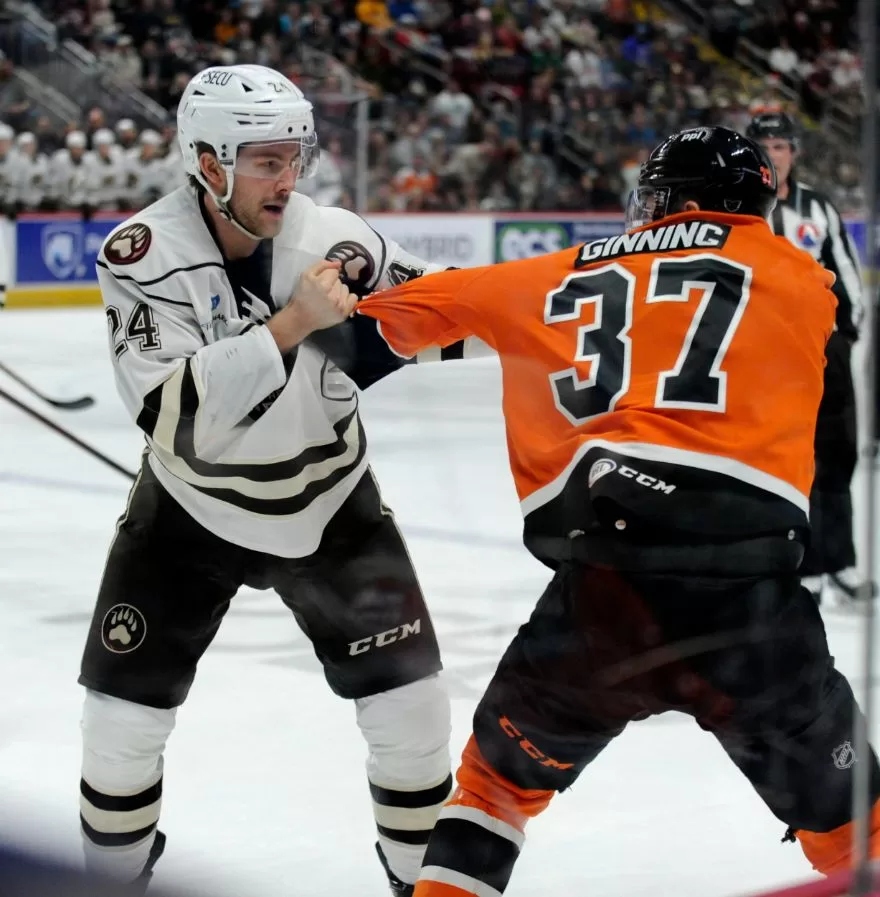 Riley Sutter knows about scrapping with the Lehigh Valley Phantoms. Photo by Carl Minieri.