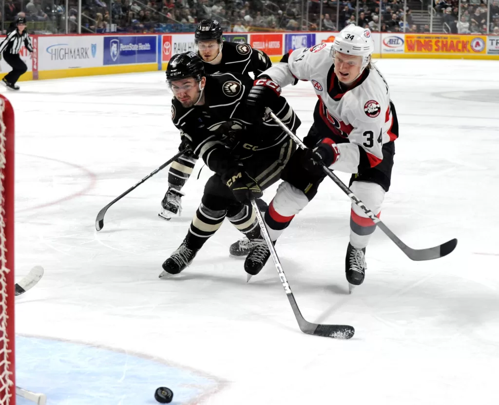 Hershey Bears defenseman Vincent Iorio battles for the puck against the Belleville Senators. Photo by Carl Minieri.
