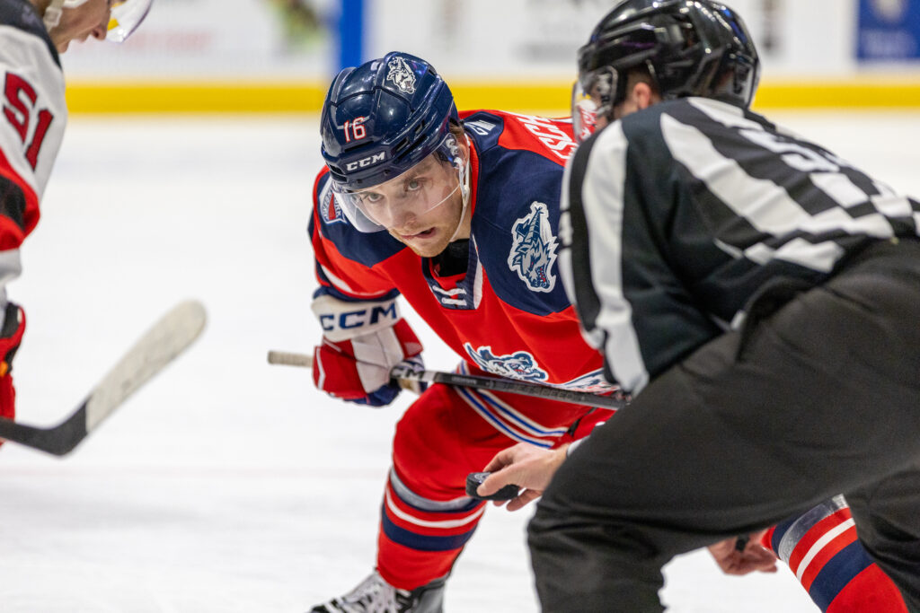 Jake Leschyshyn lines up at center for the Hartford Wolf Pack on March 16th, 2024.