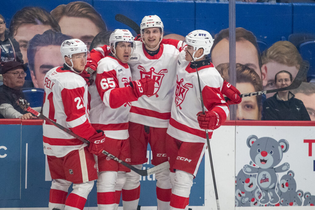 Dominik Shine celebrates a goal with the Grand Rapids Griffins against the Hartford Wolf Pack, 10/30/24