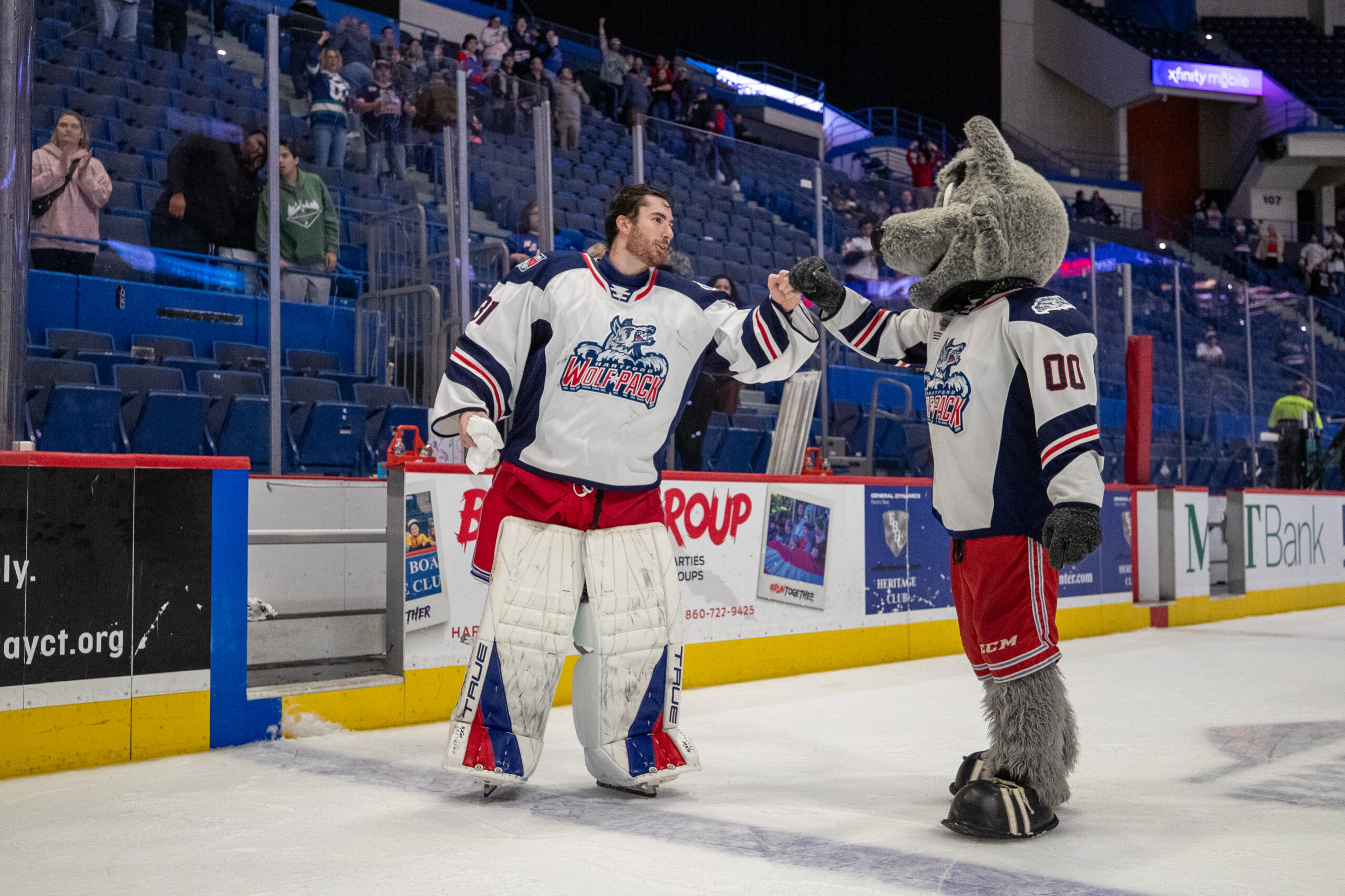 Dylan Garand celebrates after being named third star for the Hartford Wolf Pack, 11/6/24.