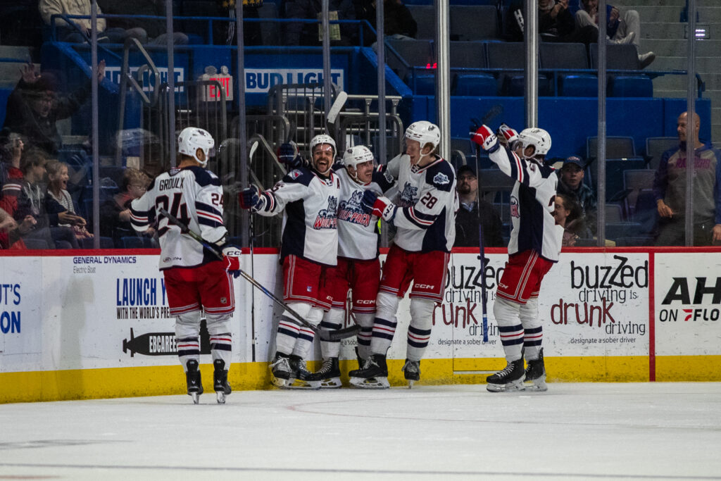 The Hartford Wolf Pack celebrate a goal, 11/19/24.