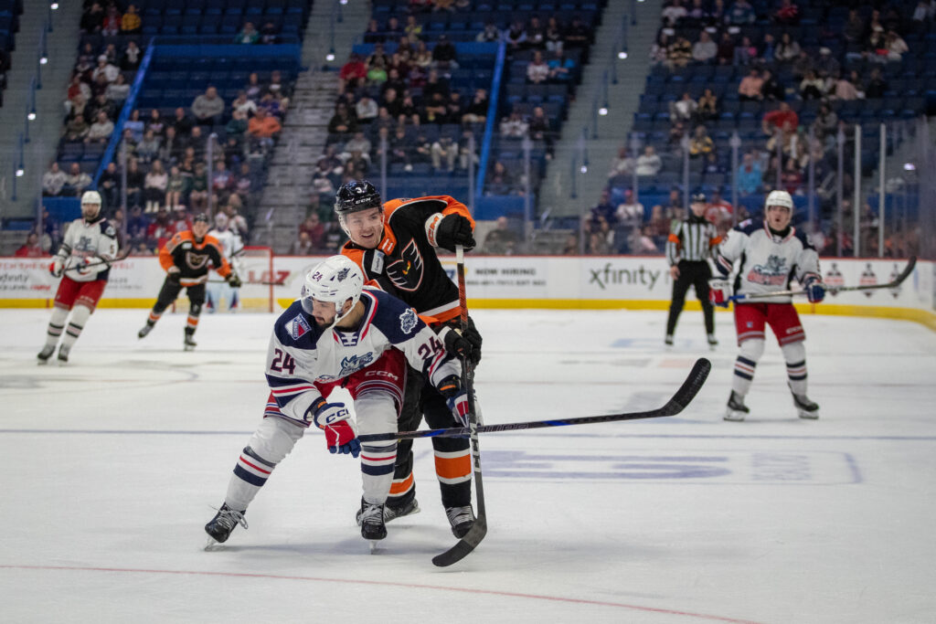 Hartford Wolf Pack forward Bo Groulx chases down a puck, 10/25/24.