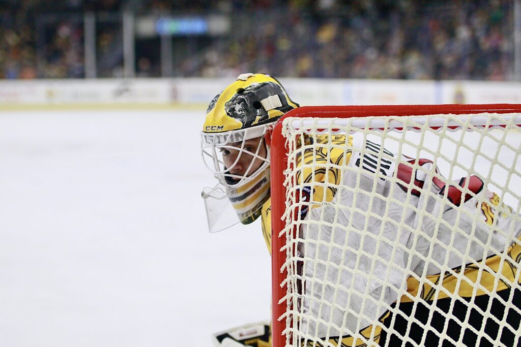 Providence Bruins goaltender Michael DiPietro looks over his shoulder during game play against the Hartford Wolf Pack on November 10, 2024, at Amica Mutual Pavillion in Providence, RI. 
Photo credit: Brian Stone Sr for The Calder Times