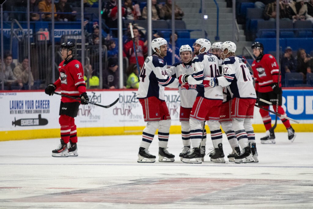 The Hartford Wolf Pack celebrate a goal against the Charlotte Checkers, 11/15/24.