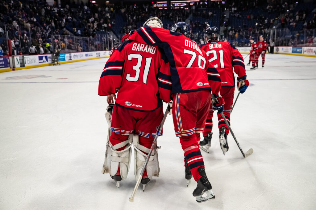 Dylan Garand and Brennan Othmann of the Hartford Wolf Pack, 2/22/25.